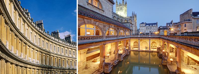 Romerska baden i Bath med vacker arkitektur p resa till England.