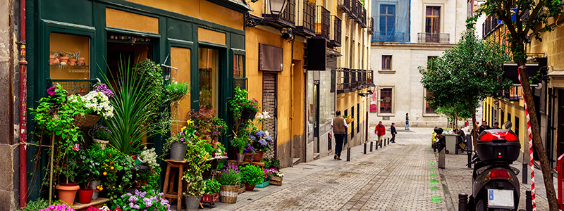 Mysiga kvarter med blommor och butiker i centrala Madrid p en storstadssemester.